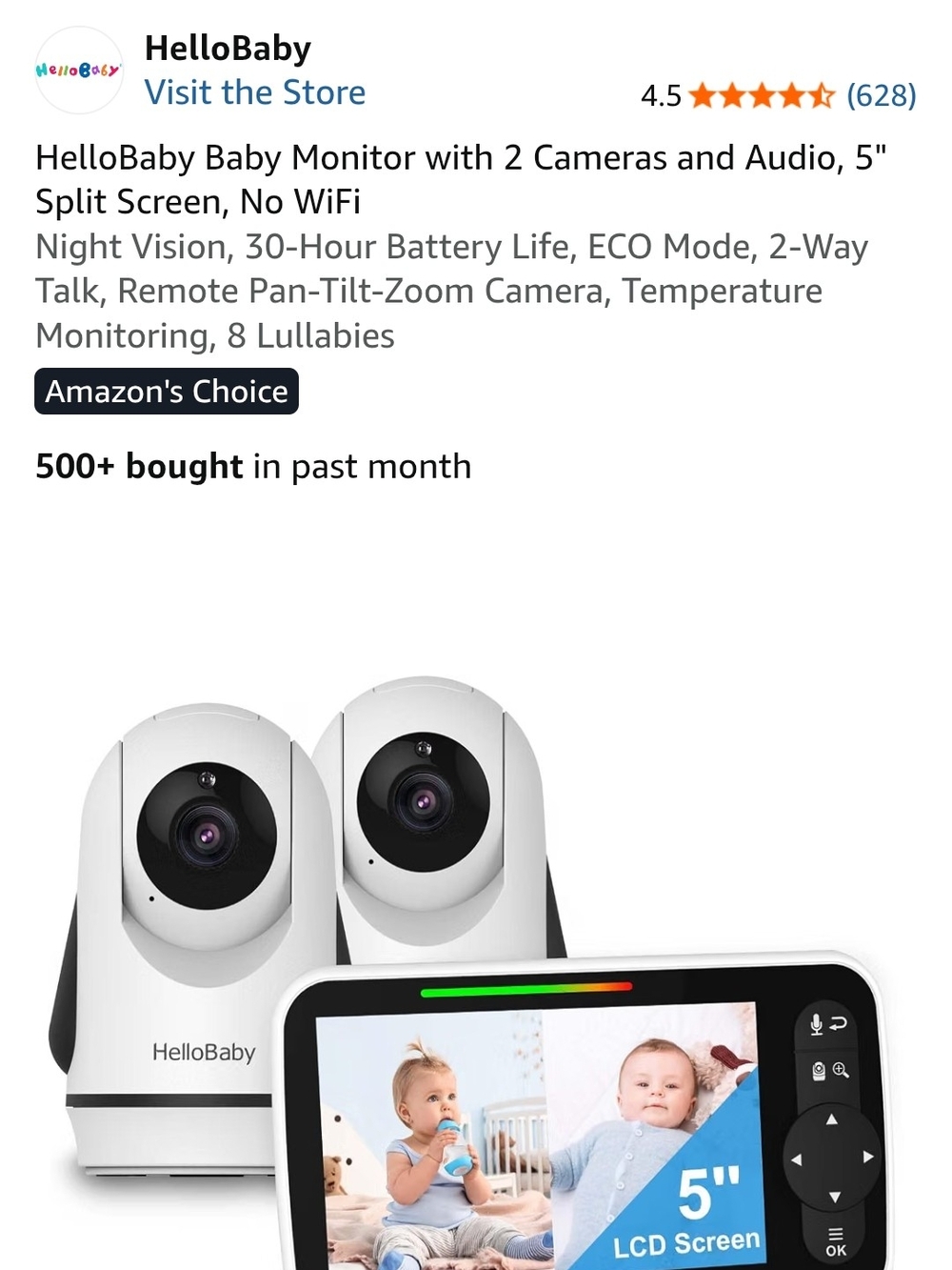 HelloBaby Baby Monitor with Dual Cameras - White